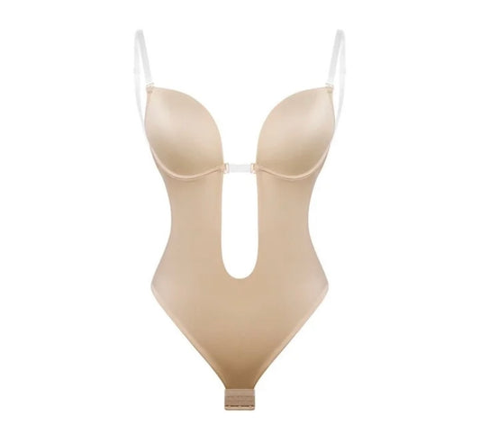 Curvy Goddess Beige Low Cut Backless Bodysuit