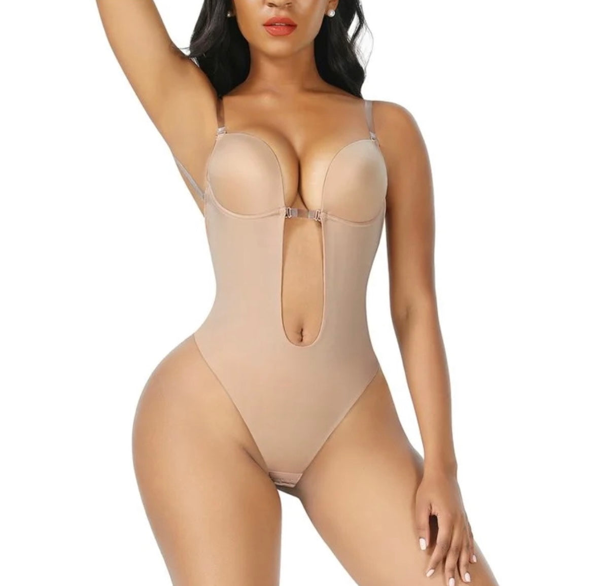 Beige Goddess Low Cut Backless Bodysuit