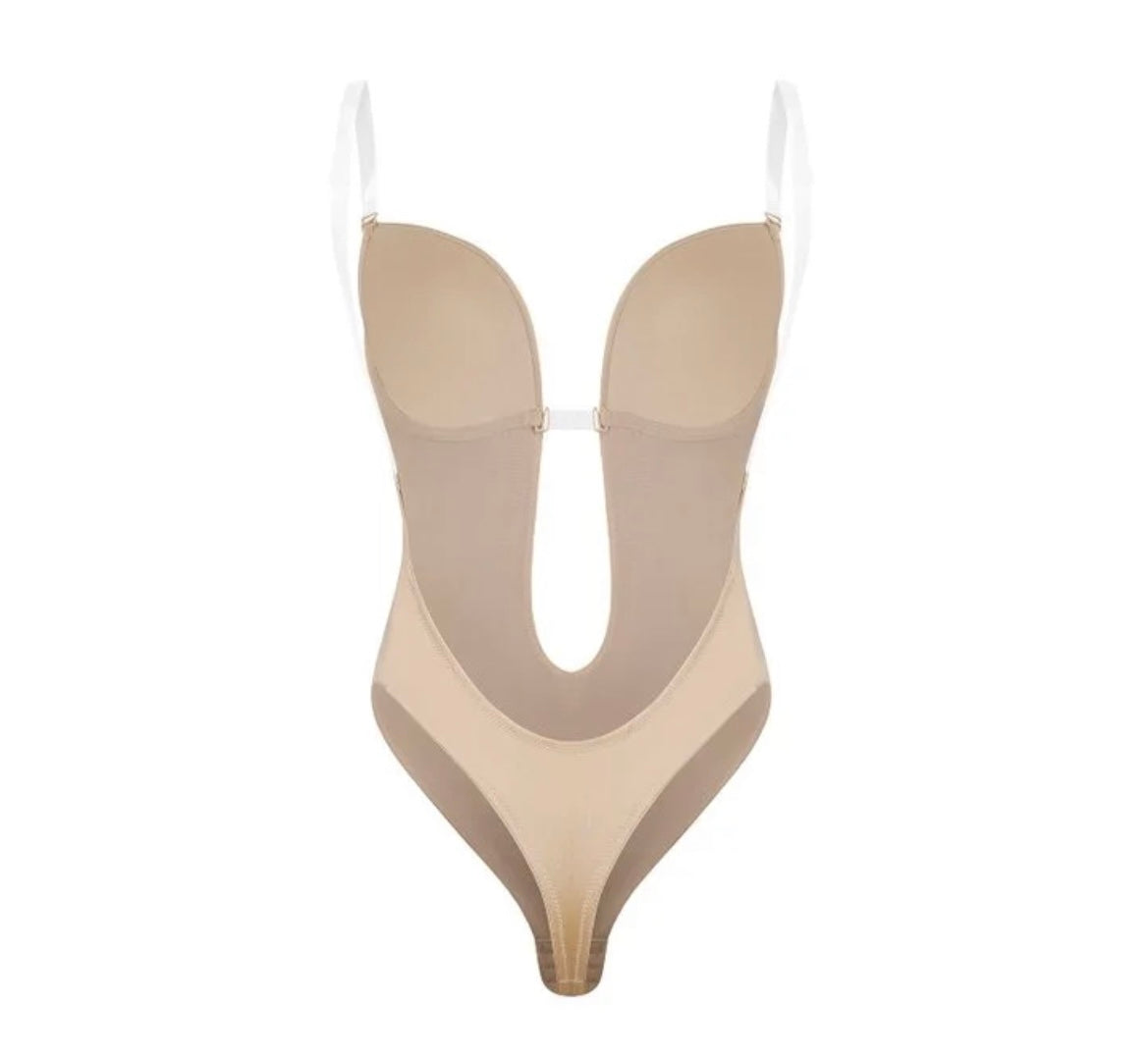 Curvy Goddess Beige Low Cut Backless Bodysuit